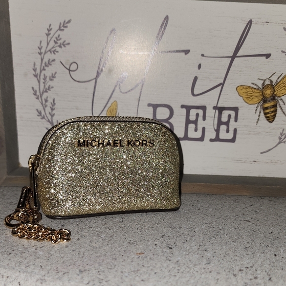 New M. Michael Kors Sparkling Gold Leather Giftables Key Fob Mini Coin Pouch - Picture 1 of 9